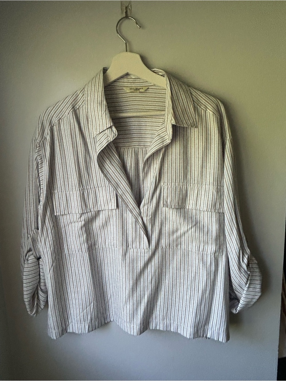 Max Studio Striped Oversized Cropped Button-Down Shirt